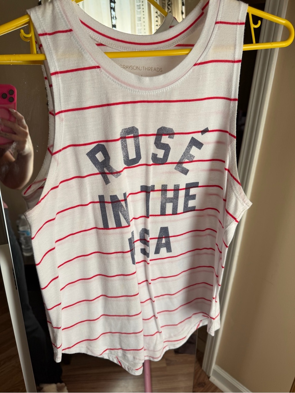Grayson Threads White Tank Top with Red Stripes “Rose in the USA”